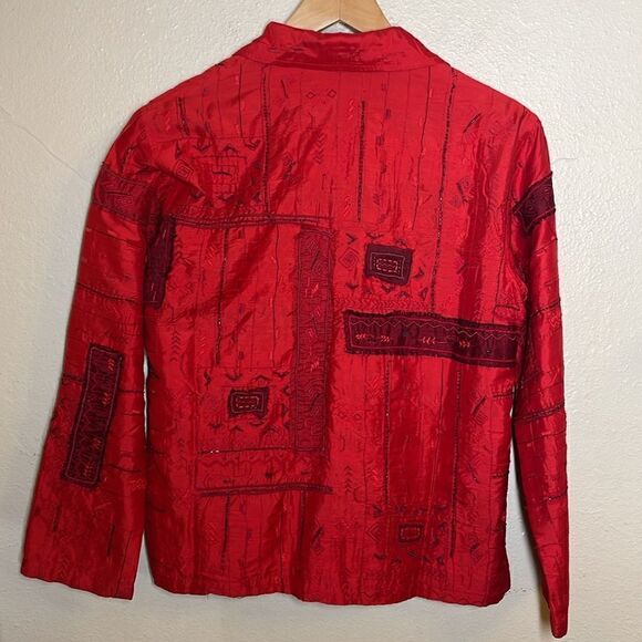 Vintage CHICO'S Women’s Patchwork Red & Black SILK Jacket size Small - Picture 2 of 9